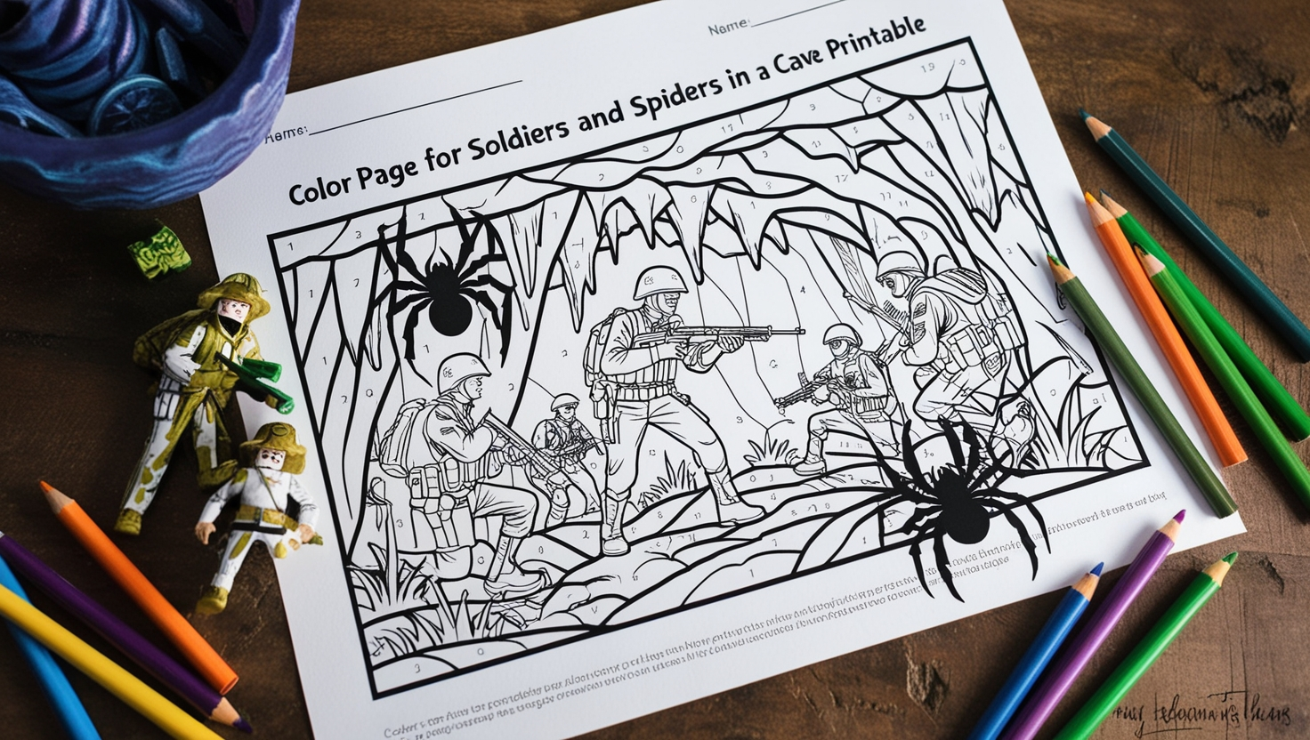 ﻿Color Page for Soldier and Spider in Cave Printable Free